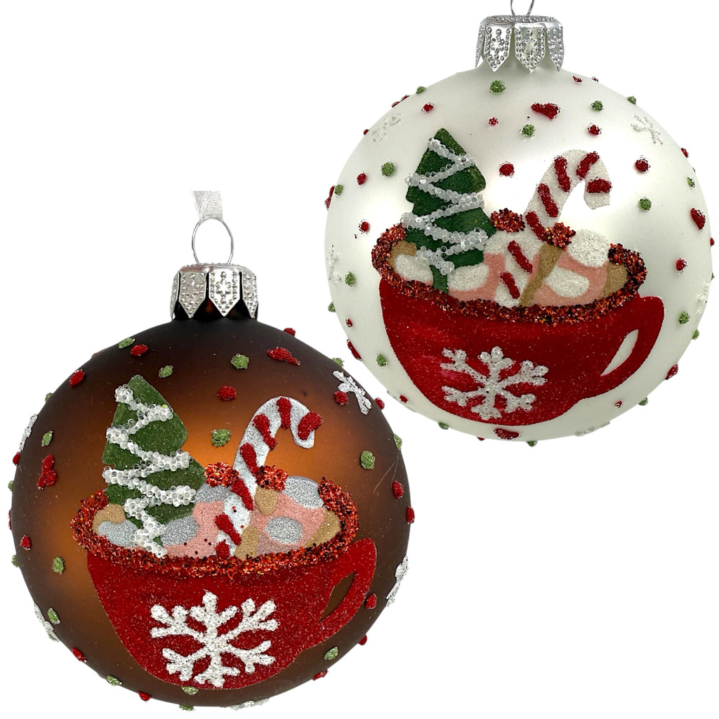 Hot Chocolate Glass Ornaments – Set of 2 European Mouth-Blown Bauble Ball Holiday Christmas Tree Decoration, Brown and White