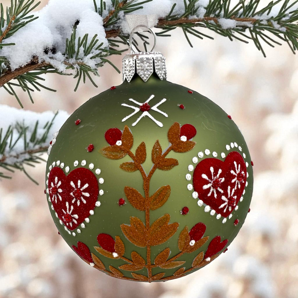 Folk Art Heart Ornaments – Set of 2 European Mouth-Blown Glass Ball Holiday Christmas Tree Decoration, Green and Red