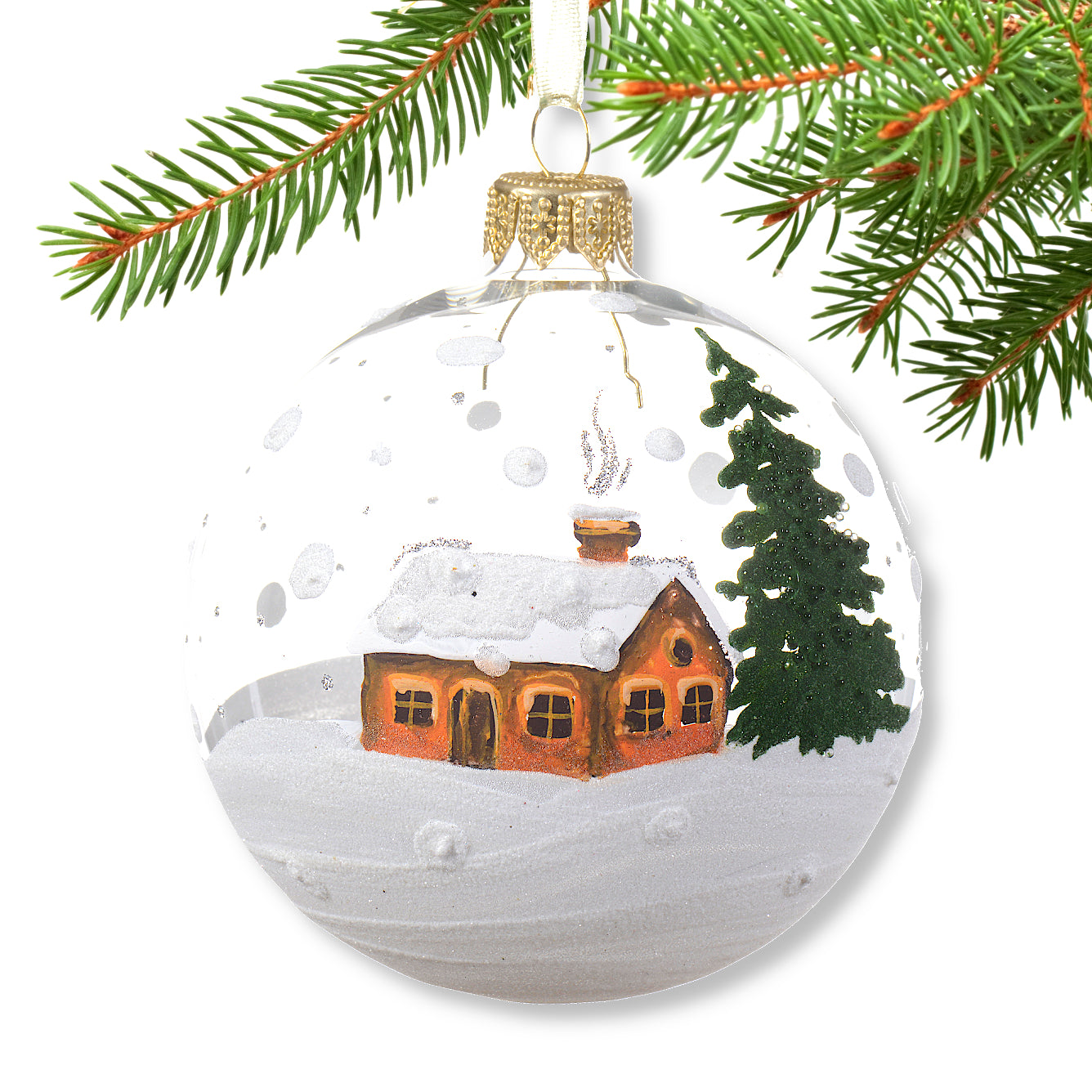 Snowy Cottage Blown Glass Ornament - European Mouth-Blown Glass Ball Winter Cabin Scene