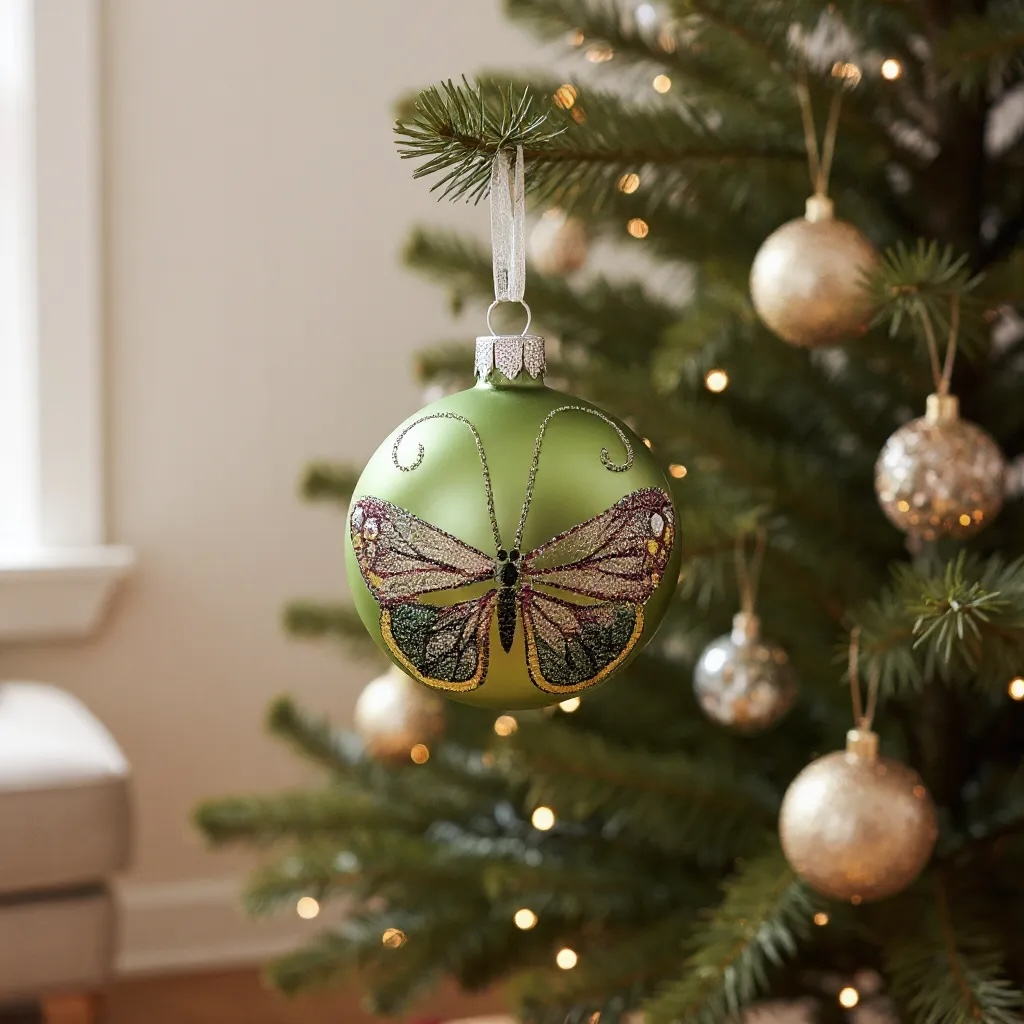 Butterfly Glass Ornaments- Set of 3 European Mouth-Blown Bauble Ball Holiday Christmas Tree Decoration, Green and Pink