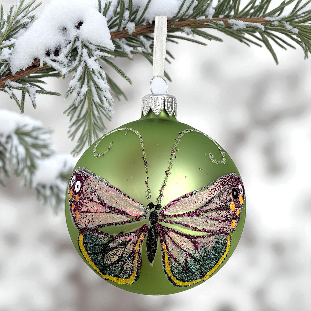 Butterfly Glass Ornaments- Set of 3 European Mouth-Blown Bauble Ball Holiday Christmas Tree Decoration, Green and Pink