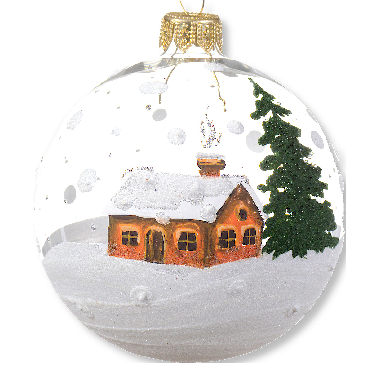Snowy Cottage Blown Glass Ornament - European Mouth-Blown Glass Ball Winter Cabin Scene