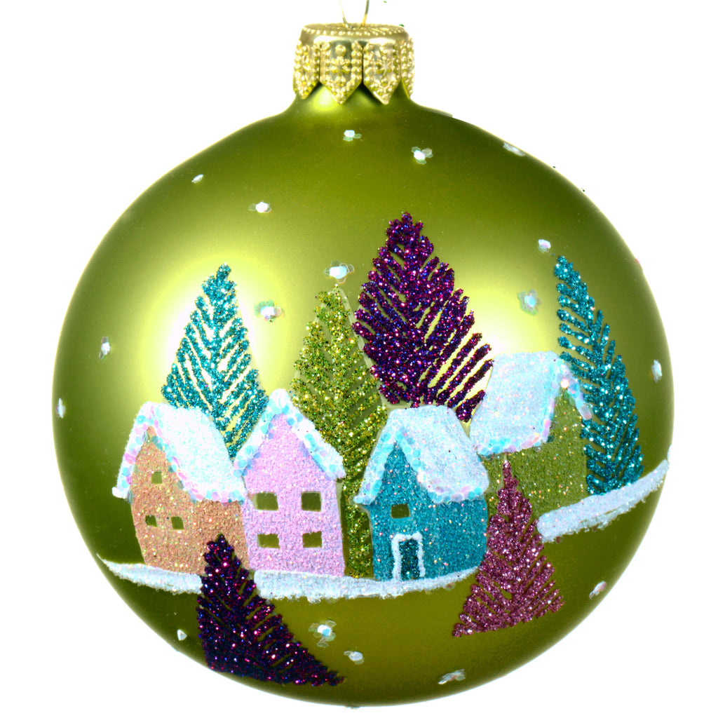 Holiday Houses Blown Glass Ornament - Snowy Neighbors European Mouth-Blown Green Glass Ball
