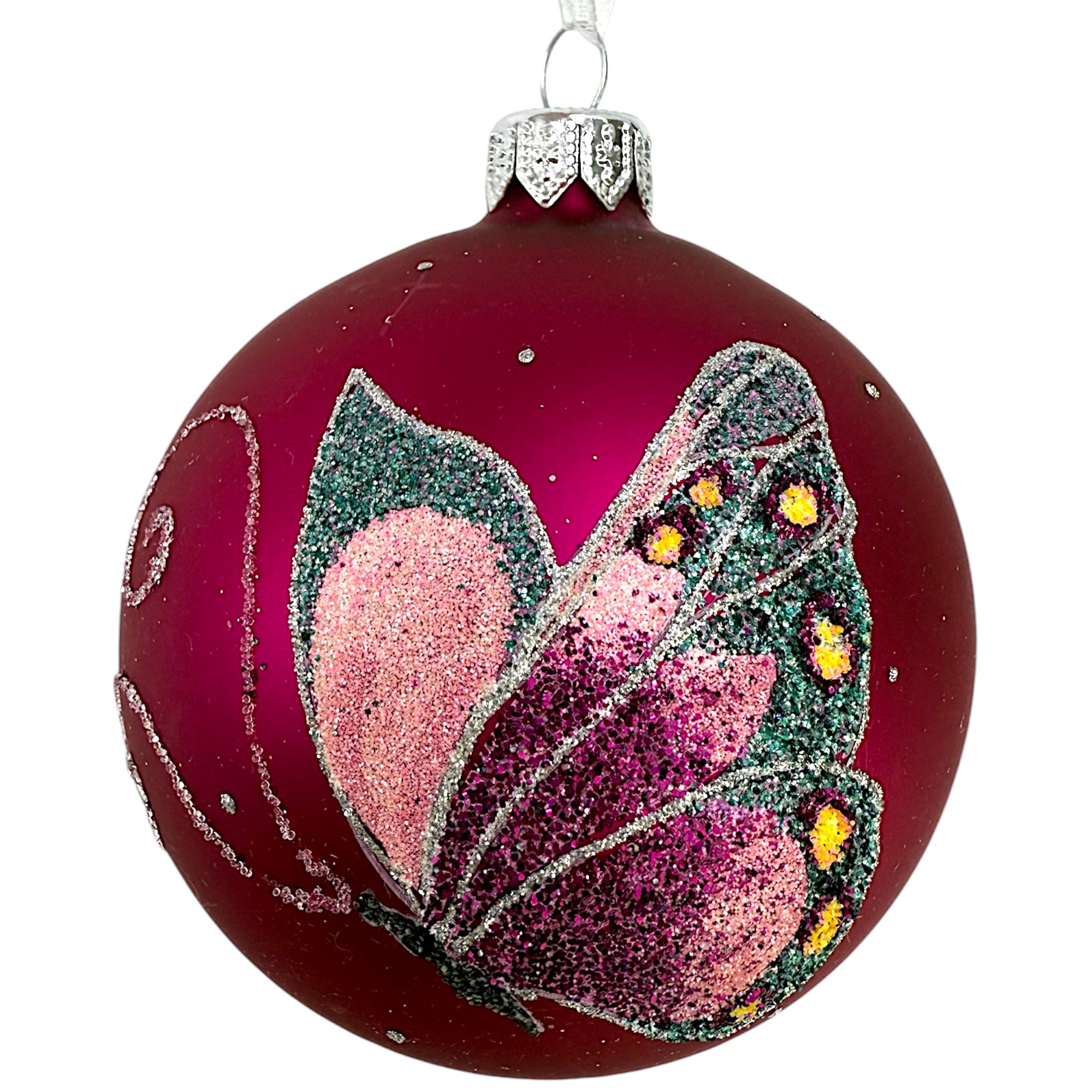 Butterfly Glass Ornaments- Set of 3 European Mouth-Blown Bauble Ball Holiday Christmas Tree Decoration, Green and Pink