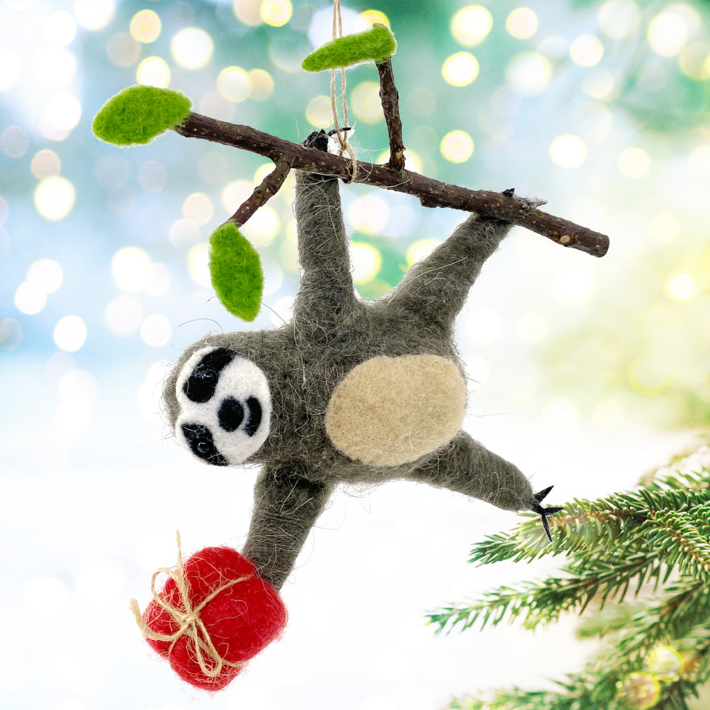 Sloth Ornament Wool Christmas Tree Decoration - Sloth Hanging from Branch
