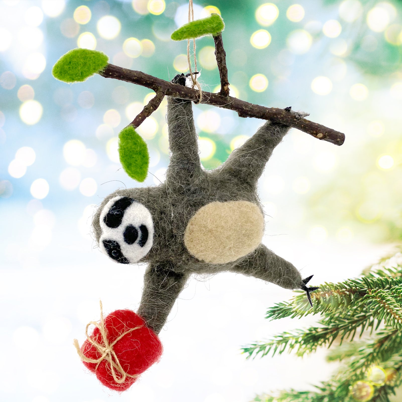 Sloth Ornament Wool Christmas Tree Decoration - Sloth Hanging from Branch