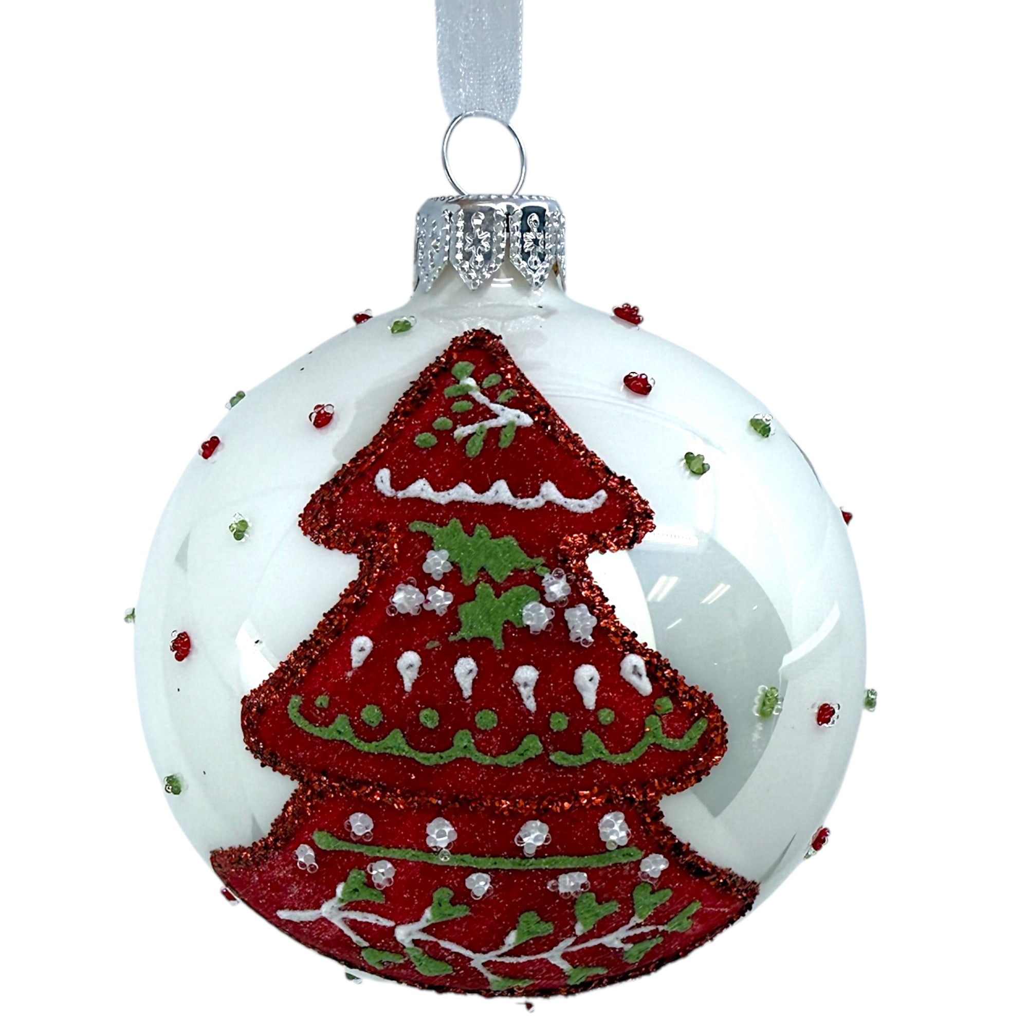 Folk Art Blown Glass Ornaments – Set of 2 European Bauble Ball Holiday Christmas Tree Decoration, Red and White