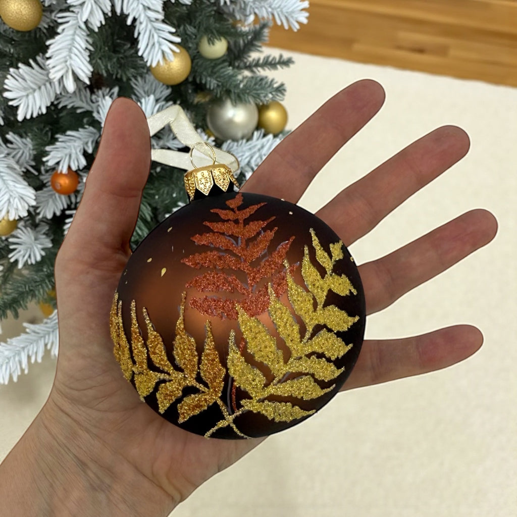 Fern Blown Glass Ornament - European Mouth-Blown Ball Holiday Christmas Tree Decoration, Brown