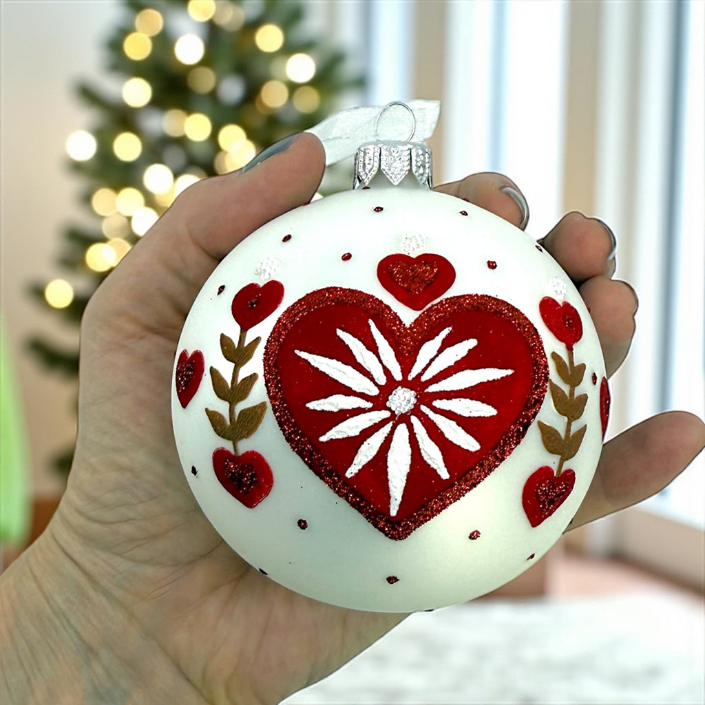 Heart Blown Glass Ornament - European Mouth Blown Ball Holiday Christmas Tree Decoration, Folk Art Design, Red and White
