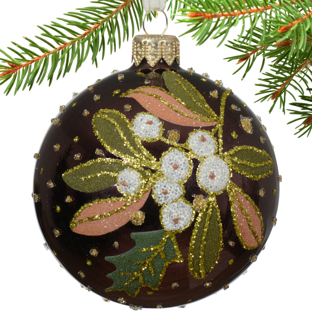 Mistletoe Blown Glass Ornaments – European Mouth-Blown Glass Balls Set of 3 Forest Green, White and Olive Green