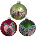 Butterfly Glass Ornaments- Set of 3 European Mouth-Blown Bauble Ball Holiday Christmas Tree Decoration, Green and Pink