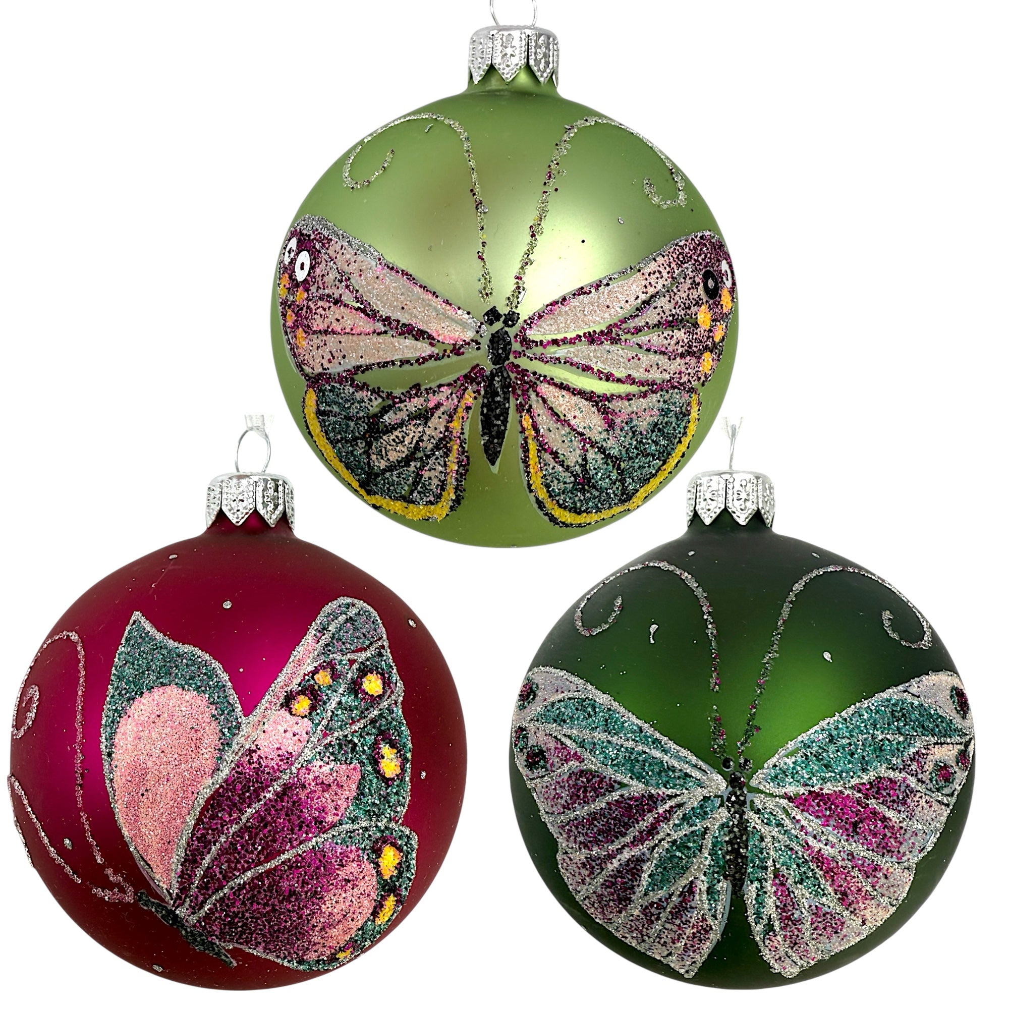 Butterfly Glass Ornaments- Set of 3 European Mouth-Blown Bauble Ball Holiday Christmas Tree Decoration, Green and Pink