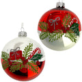 Pine Sprigs and Presents Blown Glass Ornaments – Set of 2 European Ball Bauble Holiday Christmas Tree Decoration, Red, White