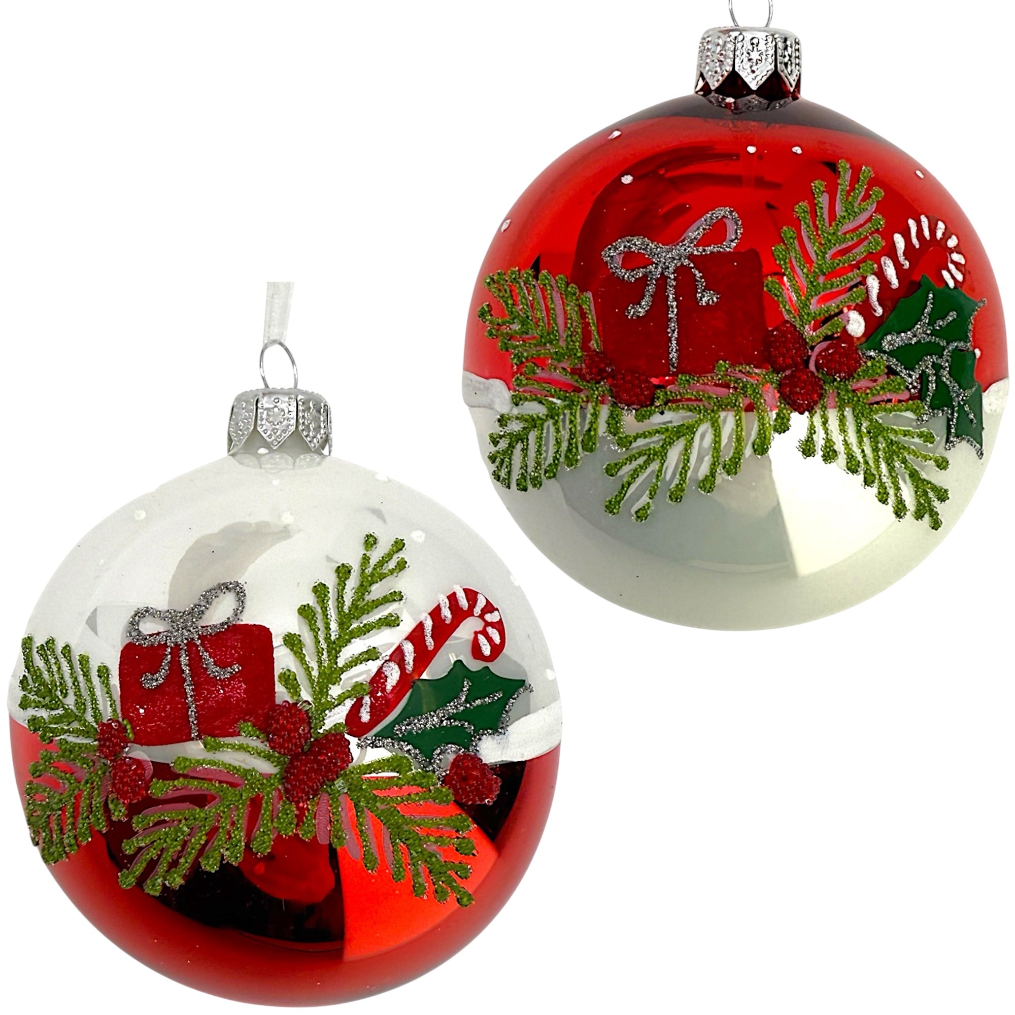 Pine Sprigs and Presents Blown Glass Ornaments – Set of 2 European Ball Bauble Holiday Christmas Tree Decoration, Red, White