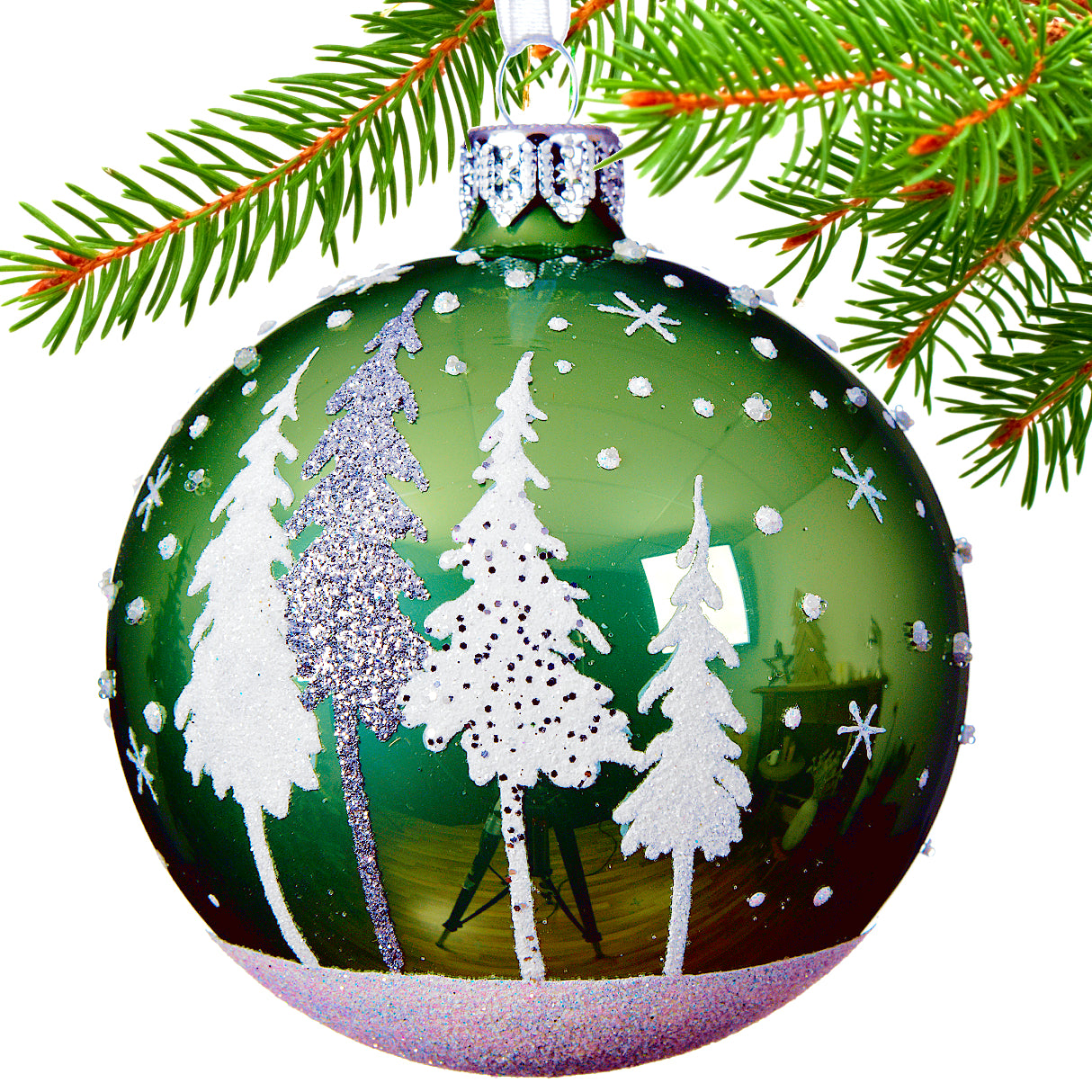 Green Forest Blown Glass Ornaments - Set of 2 Glass Balls with Pine Trees