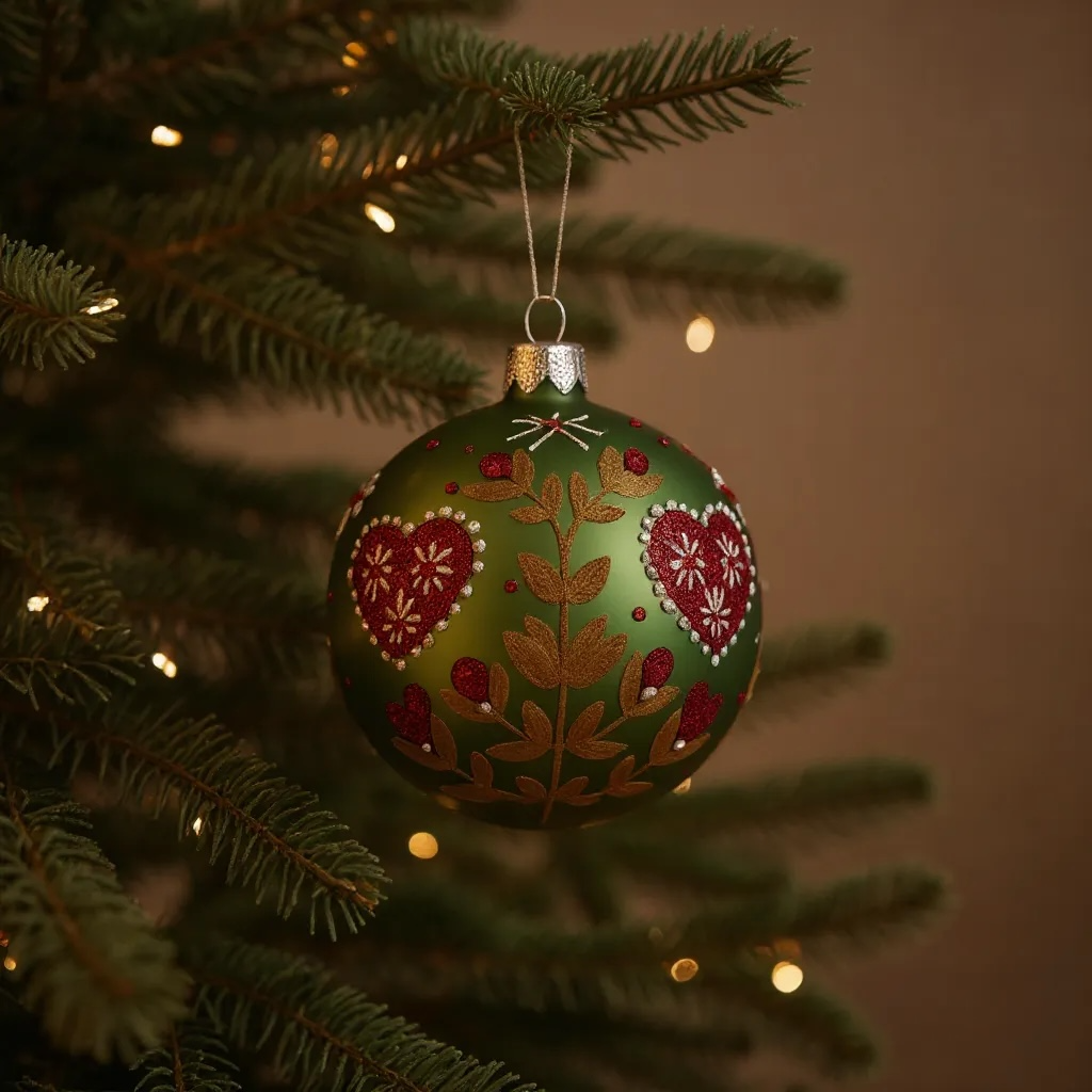 Folk Art Heart Ornaments – Set of 2 European Mouth-Blown Glass Ball Holiday Christmas Tree Decoration, Green and Red