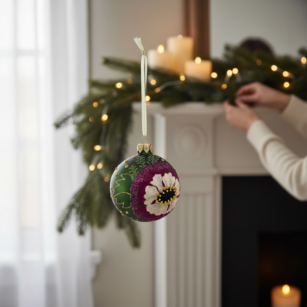 Poppy Glass Ornaments – Set of 2 European Mouth-Blown Bauble Ball Holiday Christmas Tree Decoration, Green, Purple, Pink