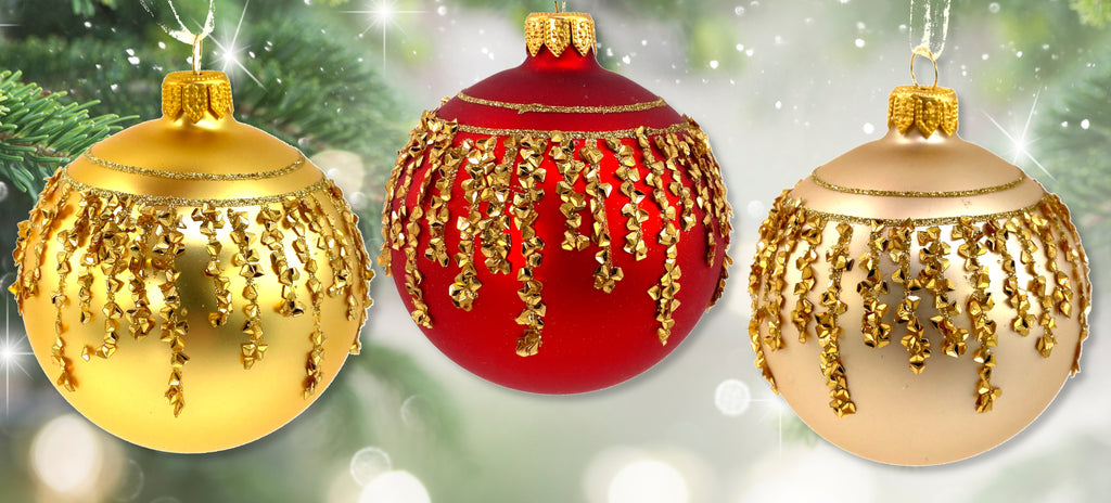 Red and Gold Blown Glass Ornaments - Set of 3 Sparkling Glass Decorations