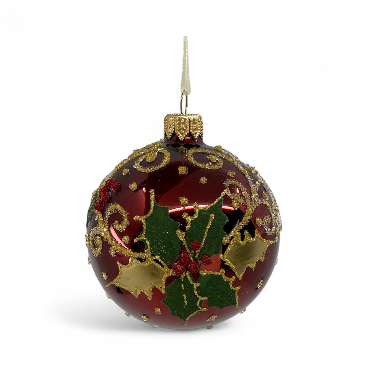 Holly Leaves and Berries Ornament - European Mouth-Blown Glass Ball Holiday Christmas Tree Decoration, Dark Red