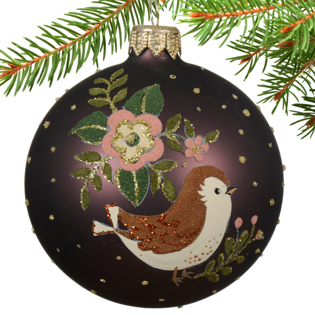 Hand Painted Blown Glass Animal Ornaments – European Mouth-Blown Brown Glass Balls Set of 3 Fox, Hedgehog, and Bird