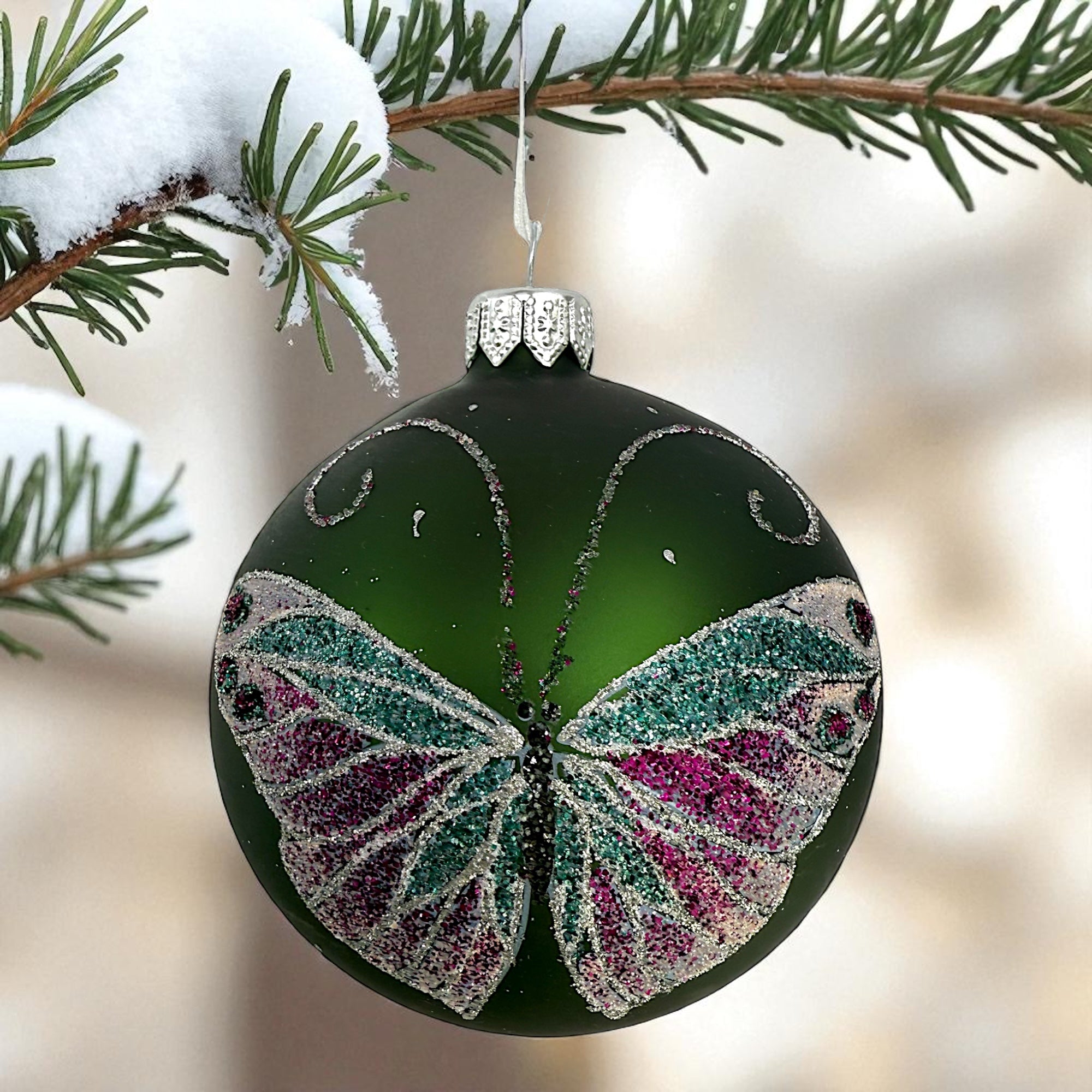 Butterfly Glass Ornaments- Set of 3 European Mouth-Blown Bauble Ball Holiday Christmas Tree Decoration, Green and Pink