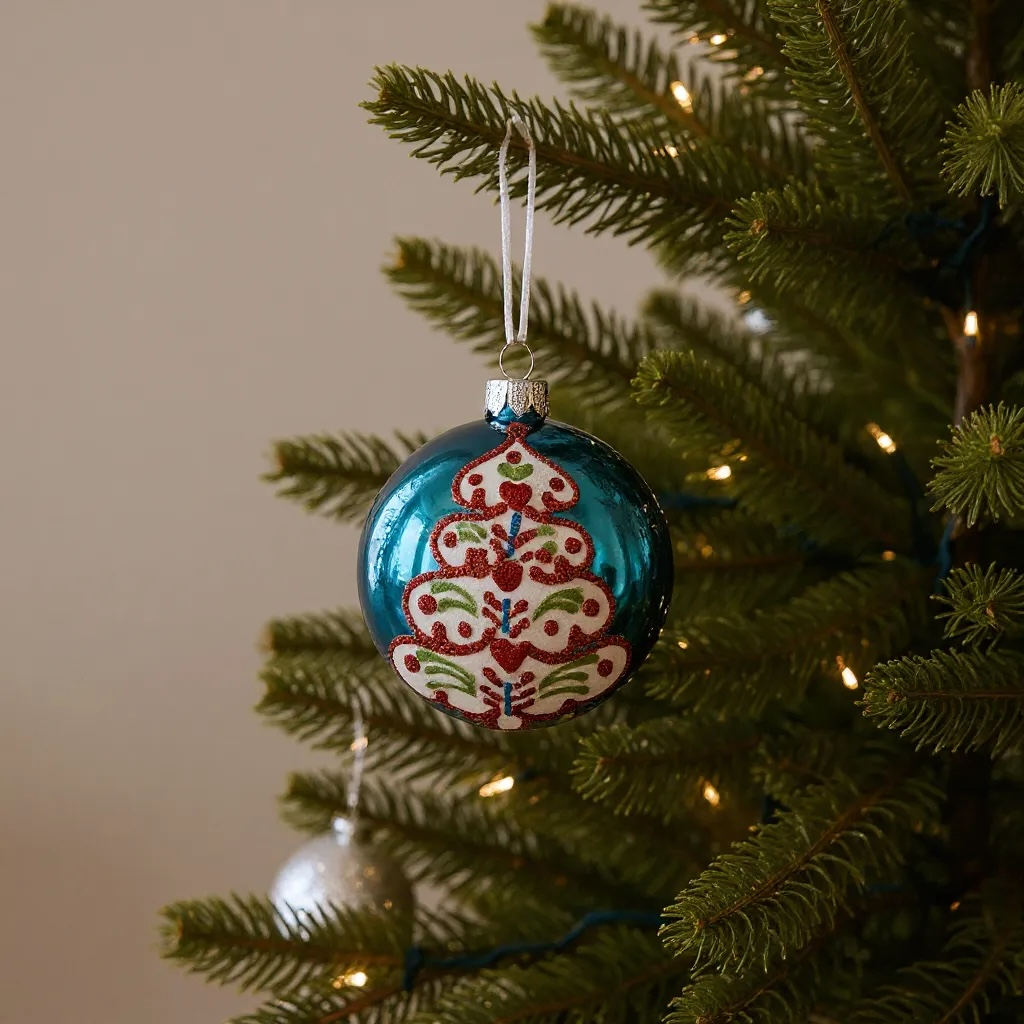 Folk Art Tree Glass Ornaments – Set of 2 European Mouth-Blown Bauble Ball Holiday Christmas Decoration, Gold, Blue