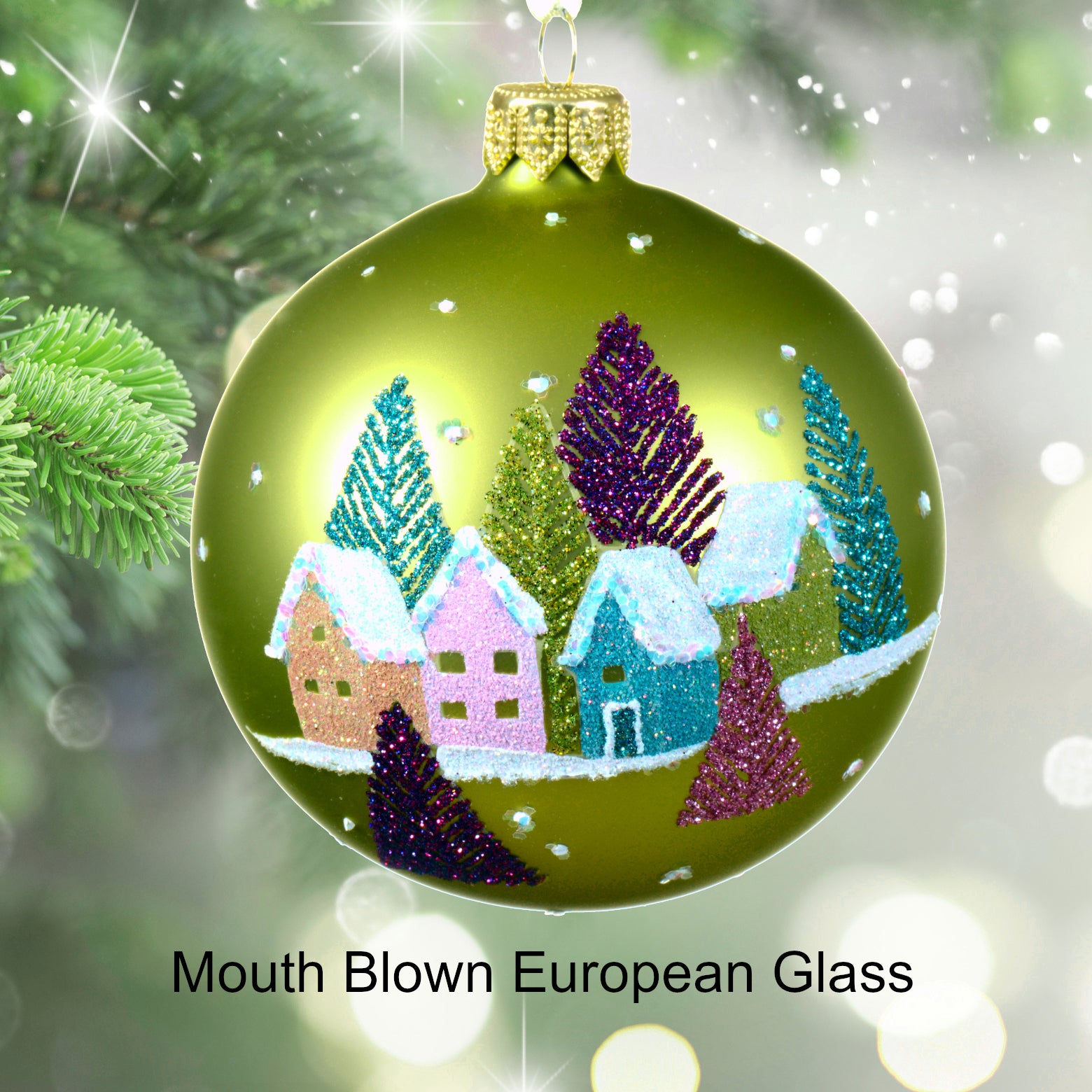 Holiday Houses Blown Glass Ornament - Snowy Neighbors European Mouth-Blown Green Glass Ball