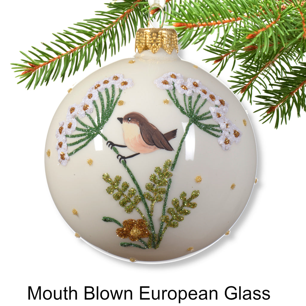 Finch Blown Glass Ornaments - European Mouth-Blown Bird Glass Balls, Set of 2 White and Brown
