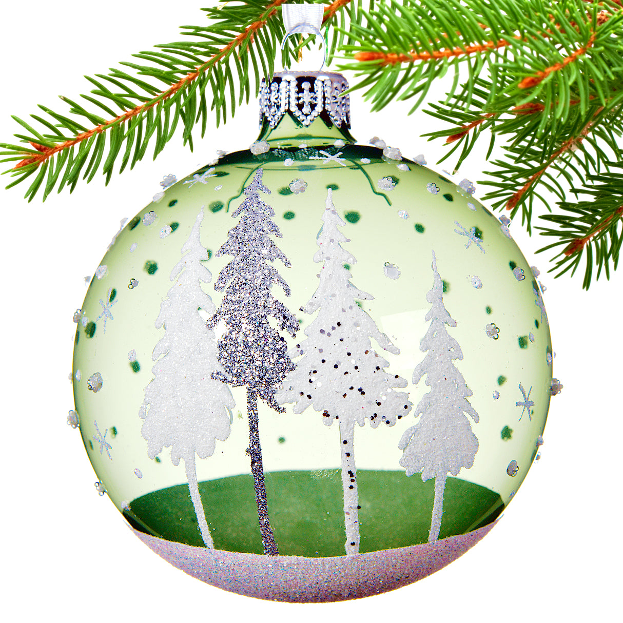 Green Forest Blown Glass Ornaments - Set of 2 Glass Balls with Pine Trees