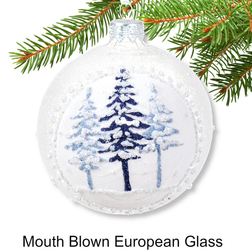 Blue Pine Blown Glass Ornaments - European Mouth-Blown Glass Balls, Set of 2 Blue and White