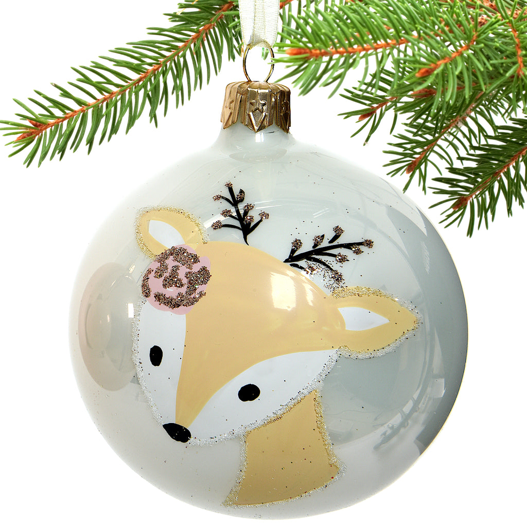 Deer Blown Glass Ornaments - Set of 2 Pink and White Glass Balls