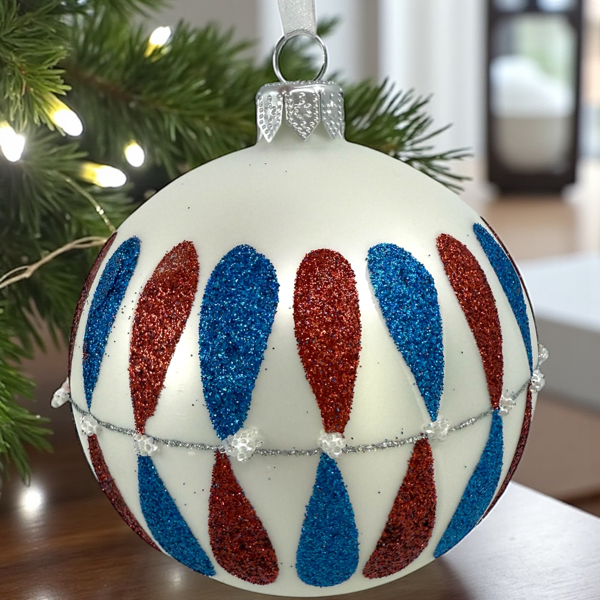 Retro Blown Glass Ornament - European Mouth-Blown Ball Holiday Christmas Tree Decoration, Red, Blue and White
