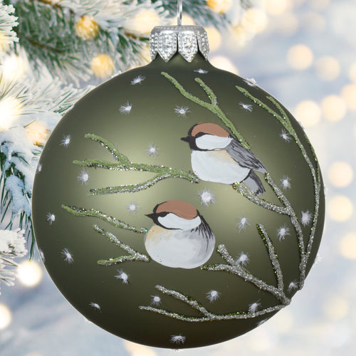 Chickadee Blown Glass Ornament – Green European Mouth Blown Hand Painted Glass Ball Holiday Christmas Tree Decoration