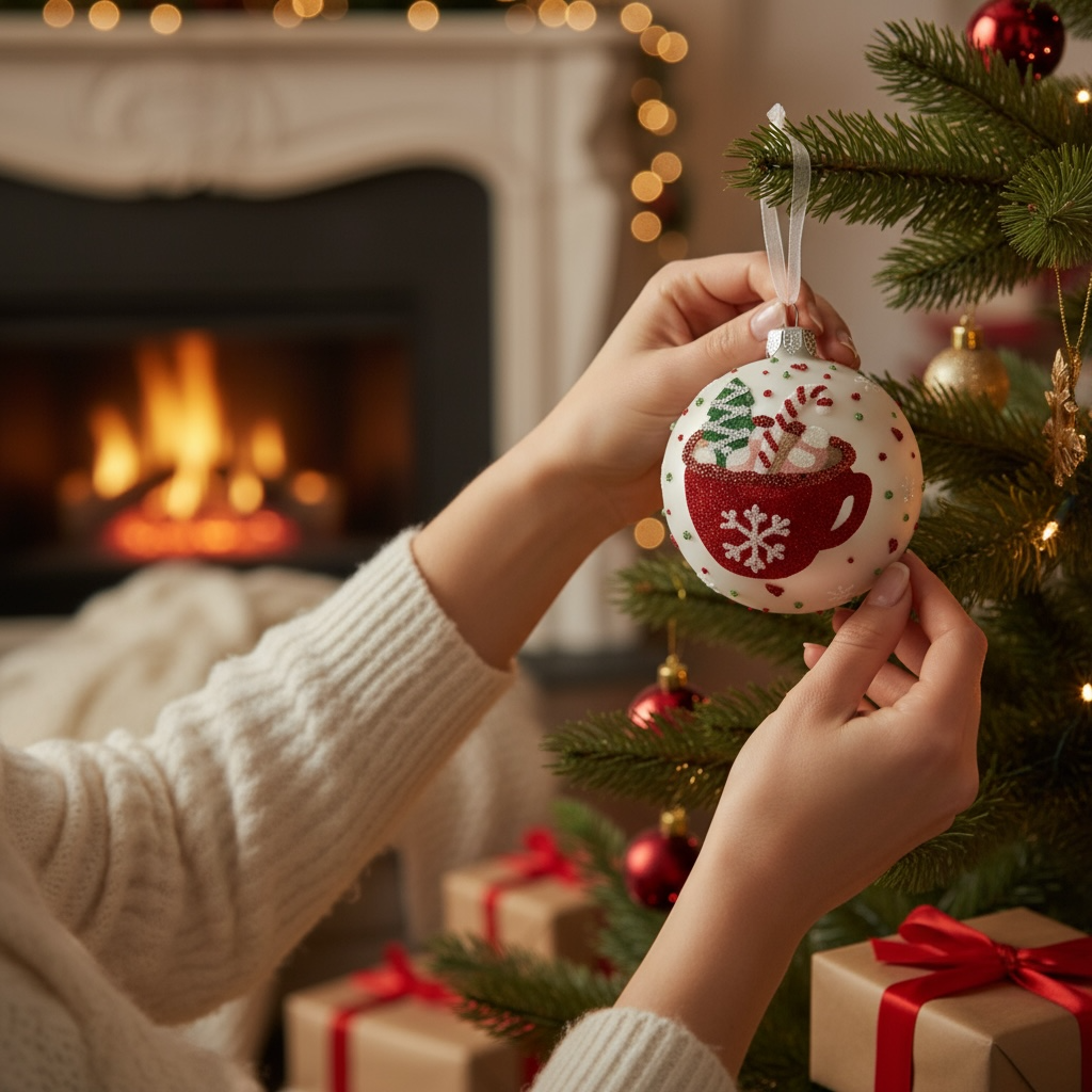 Hot Chocolate Glass Ornaments – Set of 2 European Mouth-Blown Bauble Ball Holiday Christmas Tree Decoration, Brown and White