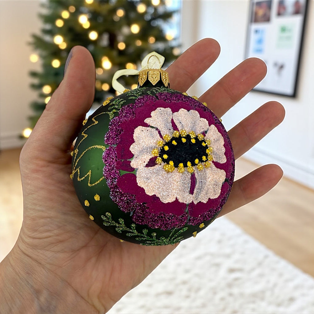 Poppy Glass Ornaments – Set of 2 European Mouth-Blown Bauble Ball Holiday Christmas Tree Decoration, Green, Purple, Pink