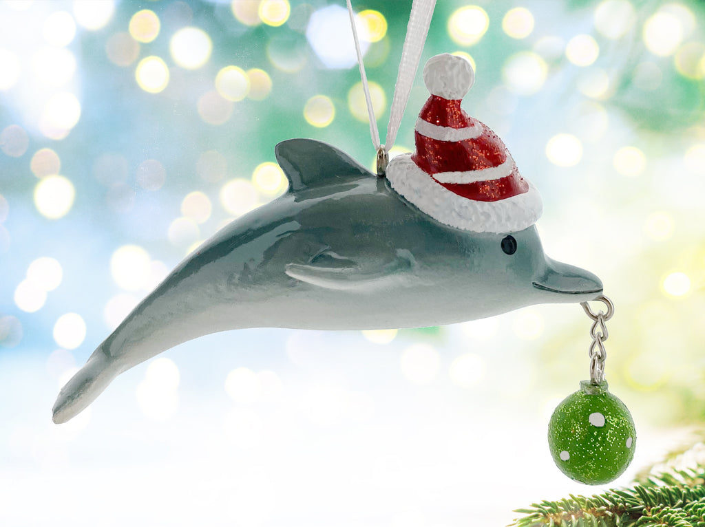Whale Dolphin Ornaments - Coastal Beach Santa Hat Holiday Marine Animal Holiday Tree Decorations, Set of 2