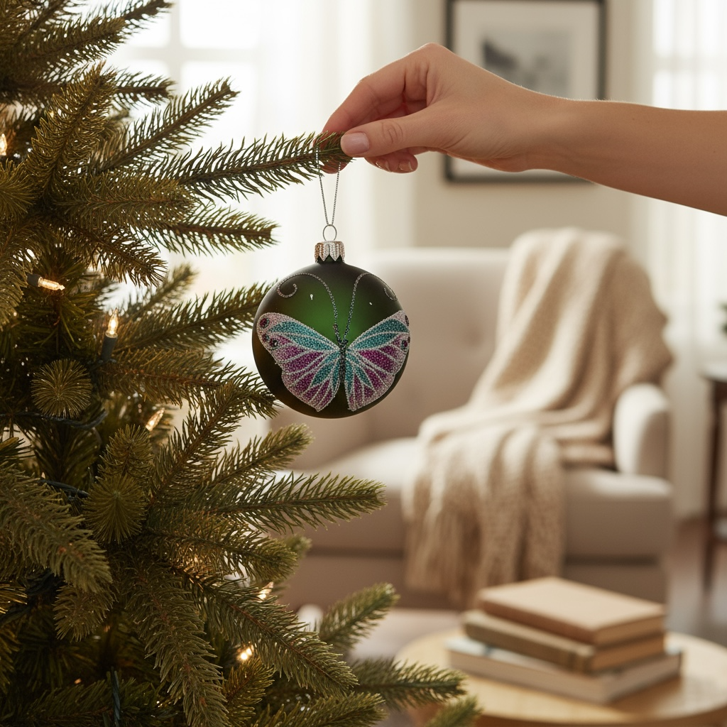 Butterfly Glass Ornaments- Set of 3 European Mouth-Blown Bauble Ball Holiday Christmas Tree Decoration, Green and Pink